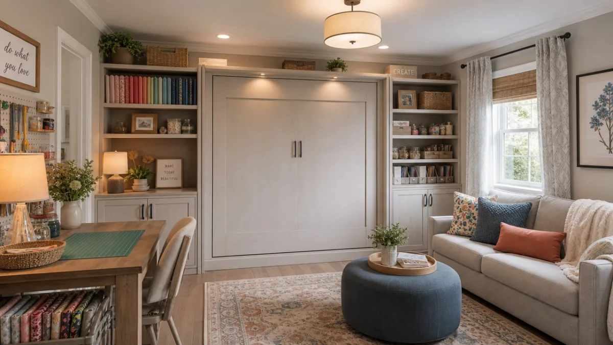 a styled multipurpose room with craft shelves, a folded Murphy bed, coordinated…