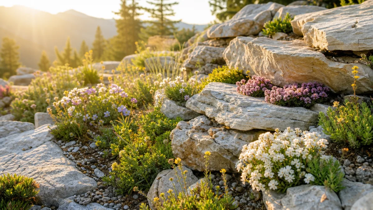 a sun-drenched alpine rock garden with layered limestone rocks and tiny flowering…