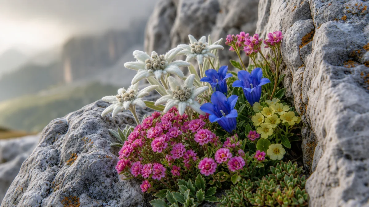 close-up of colorful alpine flowers nestled between weathered limestone rocks, soft diffused…