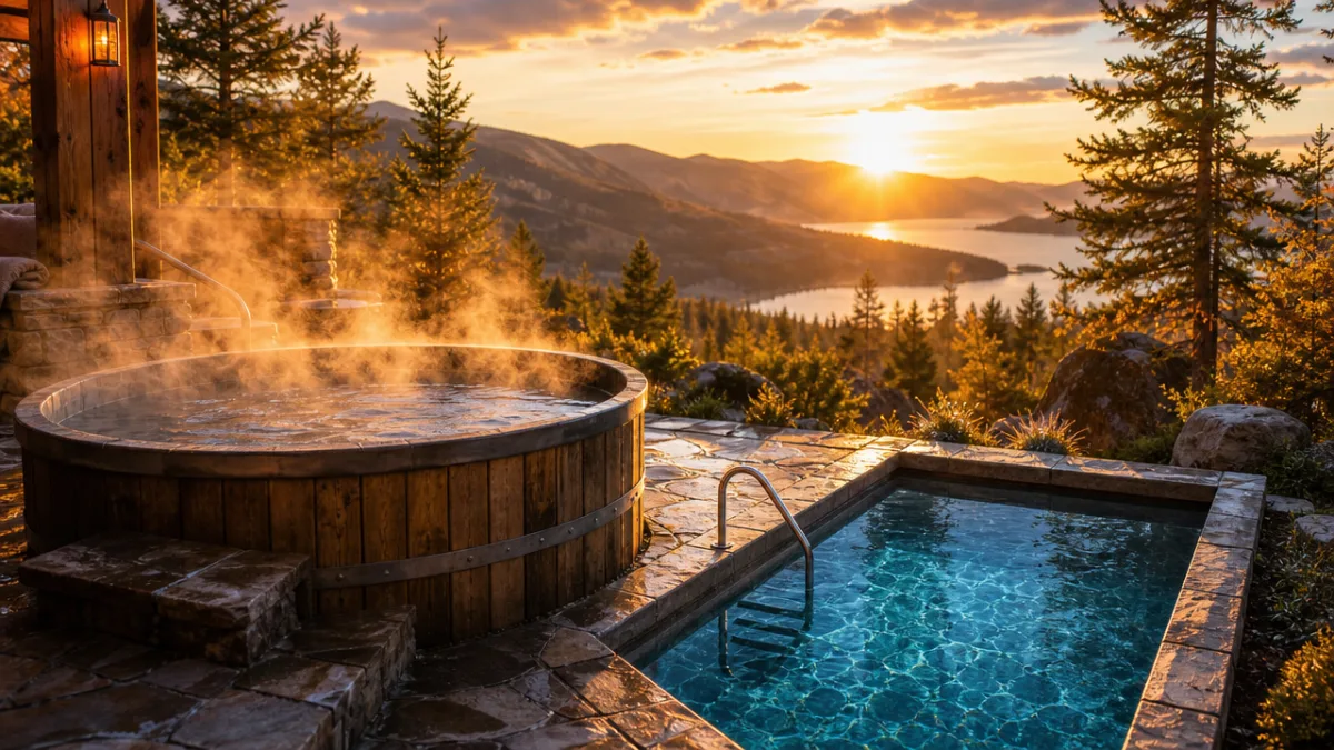 a steaming hot tub beside a crystal-clear cold plunge pool outdoors, golden…