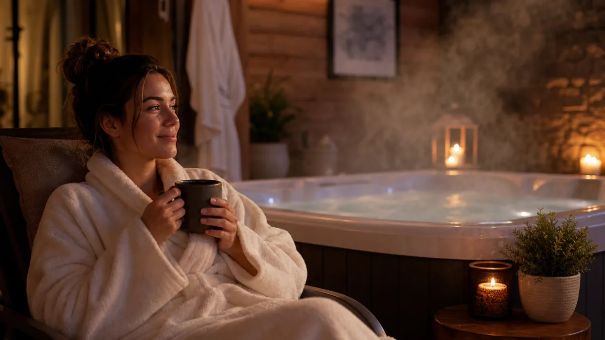 a person wrapped in a cozy robe relaxing beside a steaming hot…