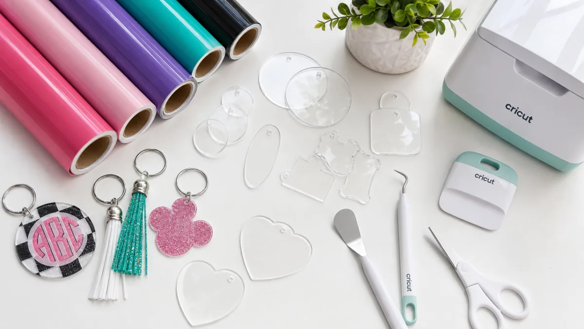 a flat lay of craft materials including acrylic blanks, vinyl rolls, and…