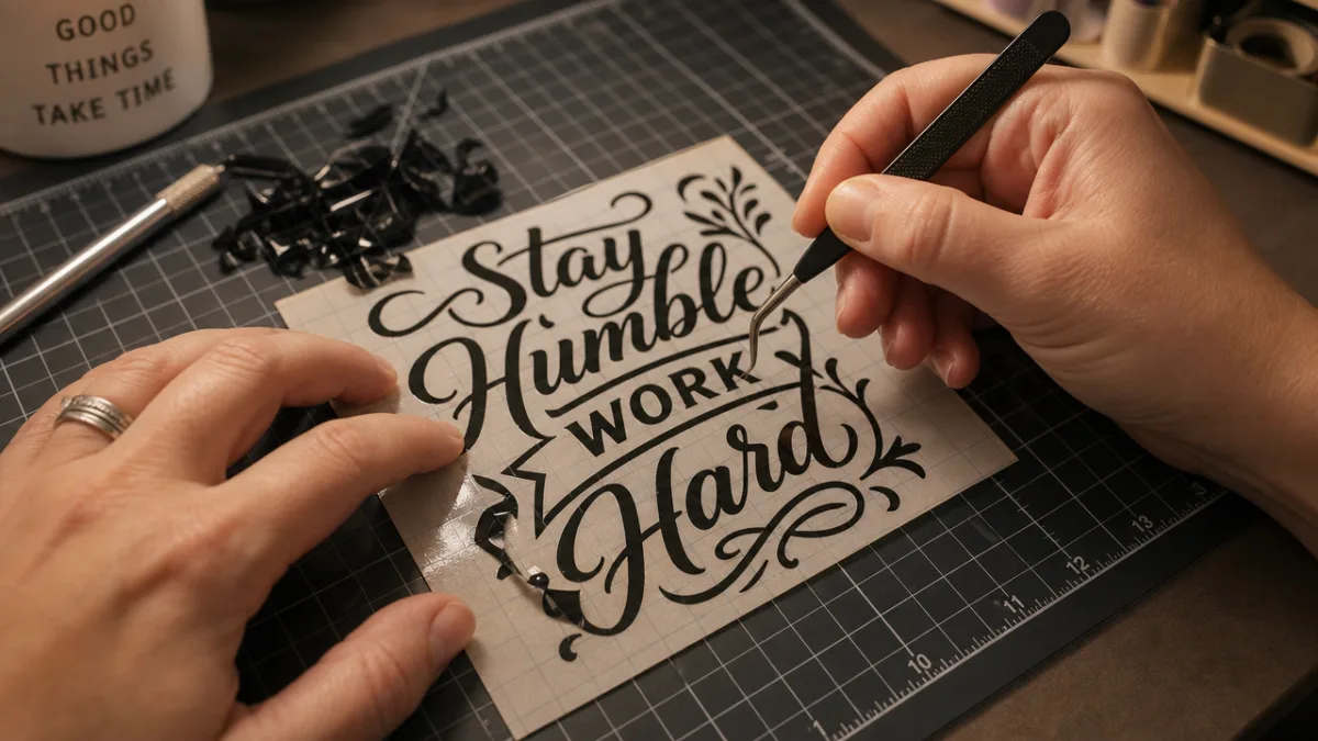 hands carefully weeding intricate vinyl lettering on a craft mat under warm…
