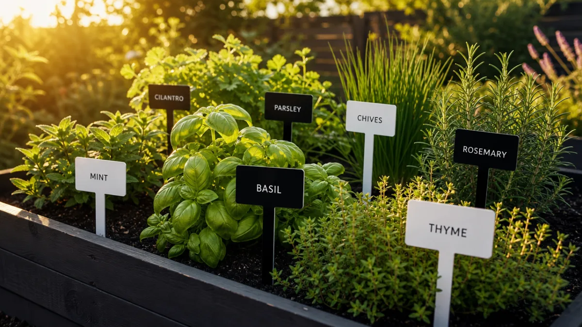 a lush raised herb garden with modern black and white acrylic markers…