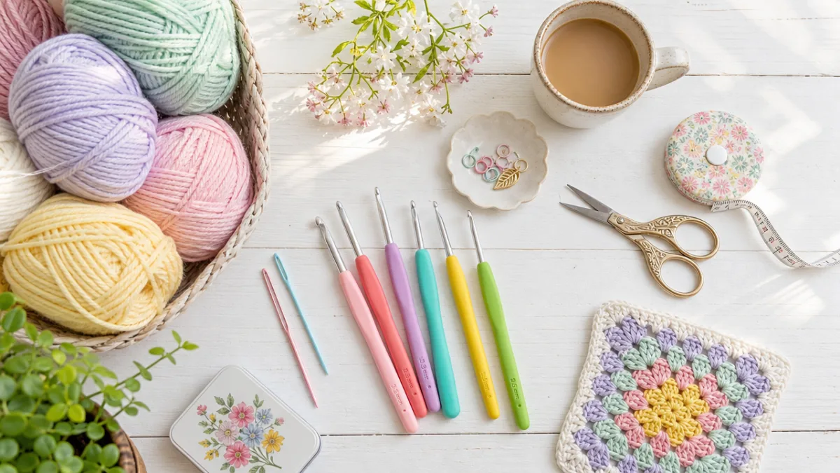 a flat lay of colorful pastel yarn skeins, crochet hooks, and small…