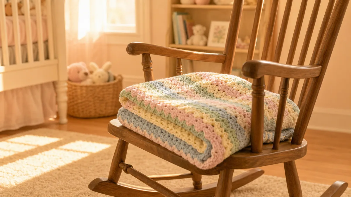 a soft pastel crochet baby blanket folded on a wooden rocking chair…