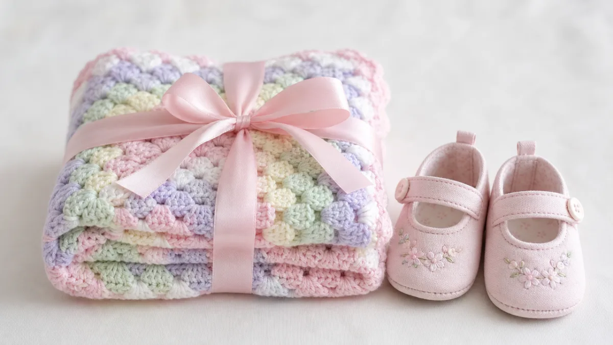 a neatly folded handmade pastel baby blanket tied with ribbon beside a…