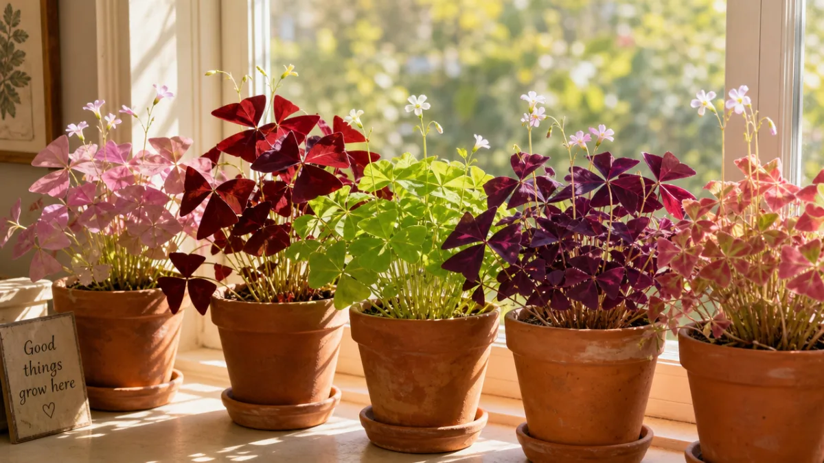 a collection of colorful Oxalis plants in terracotta pots on a sunny…