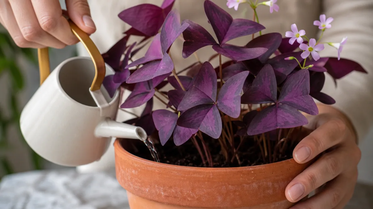 close-up of hands watering a lush purple Oxalis plant in a terracotta…