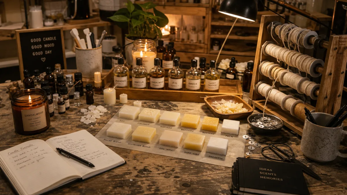 a candle maker's workbench covered with wax samples, fragrance vials, and wick…
