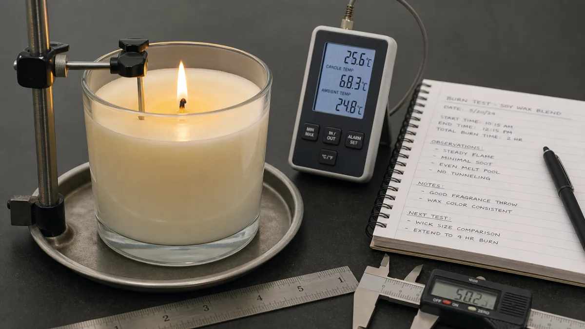 close-up of a lit candle being monitored during burn testing, with notes…