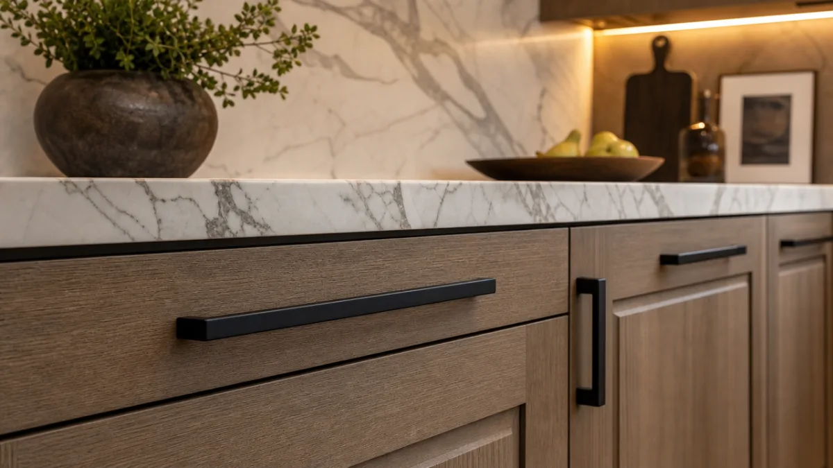 a close-up of a modern kitchen cabinet with matte black hardware and…