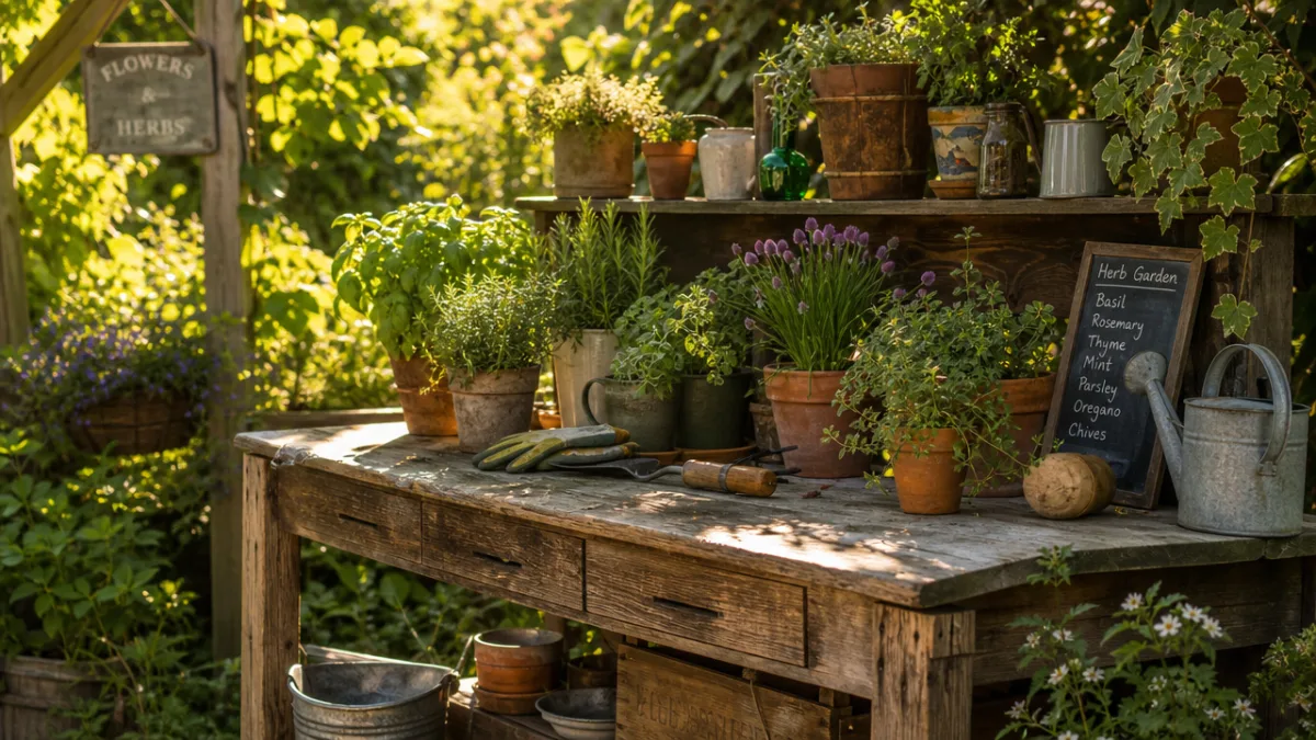 a rustic wooden outdoor workbench covered with potted plants and herbs, warm…