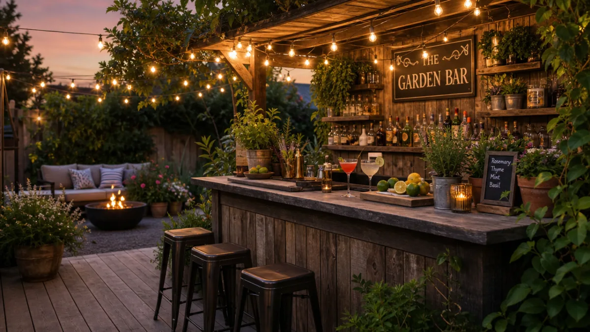 a beautifully styled outdoor garden bar with drinks, herbs in pots, and…