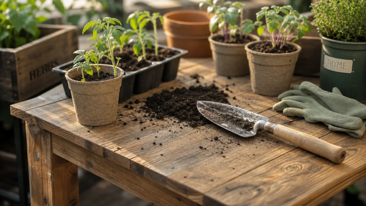 a close-up of a handcrafted wooden garden table with seedlings, soil, and…