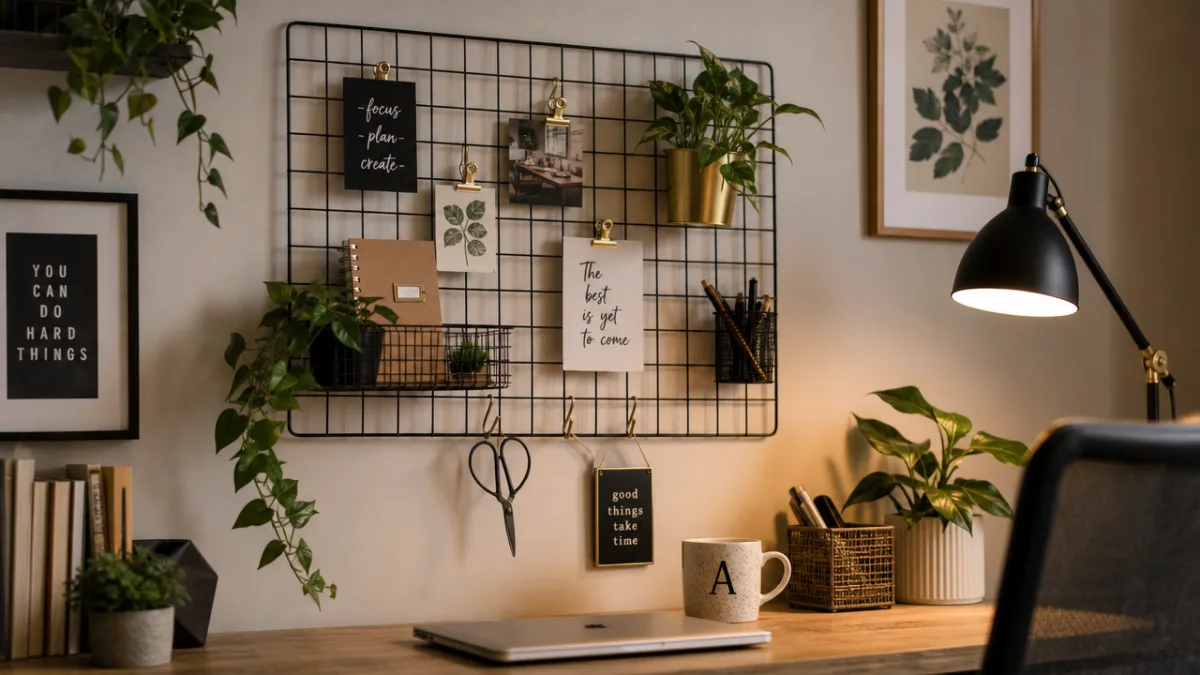 a styled DIY wire wall grid in a cozy home office with…