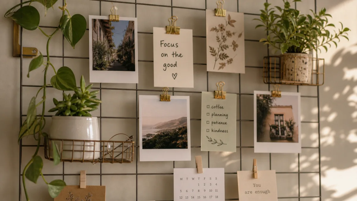 a close-up of a beautifully styled wall grid with photos, plants, and…