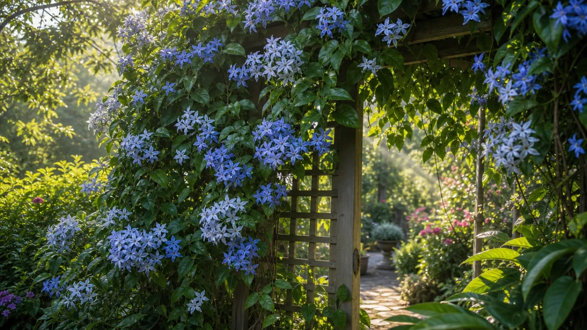 lush garden trellis with Tweedia vines in bloom, dappled morning light filtering…