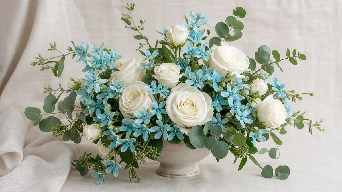 elegant floral arrangement featuring turquoise Tweedia blooms with white roses, soft studio…