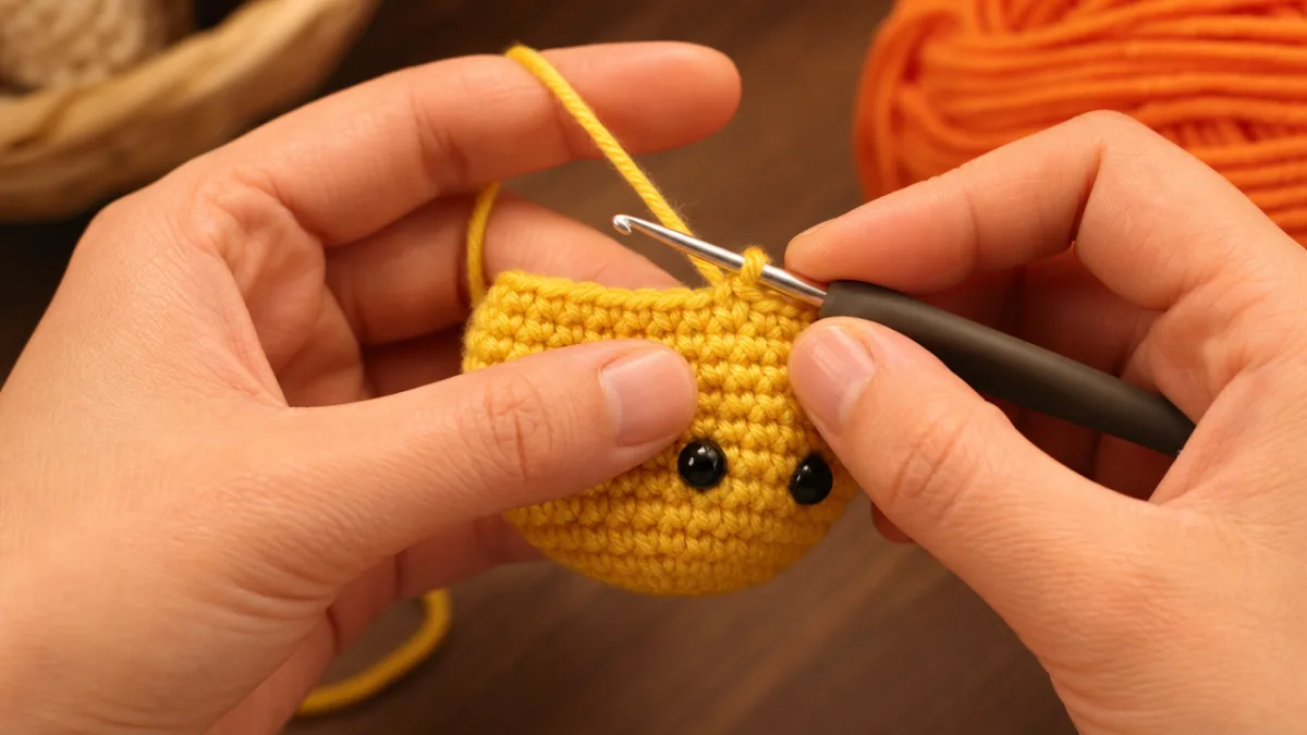 close-up of hands crocheting a small yellow amigurumi piece with orange yarn…