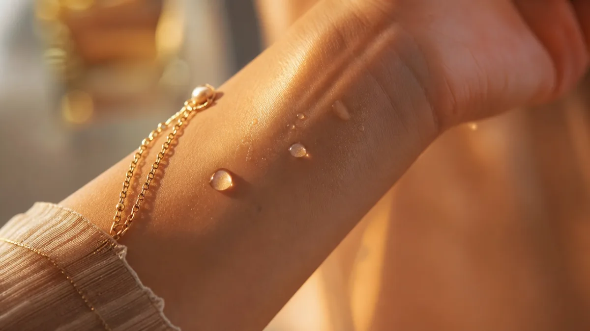 a close-up of an elegant woman's wrist with perfume droplets on soft…