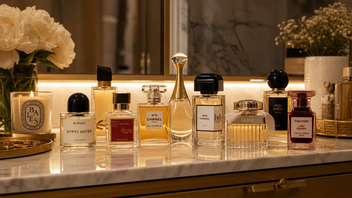 a beautifully arranged perfume collection on a marble vanity with soft backlit…