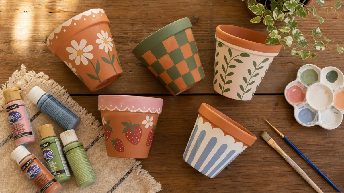 a flat lay of painted terracotta pots, craft paints, and brushes on…