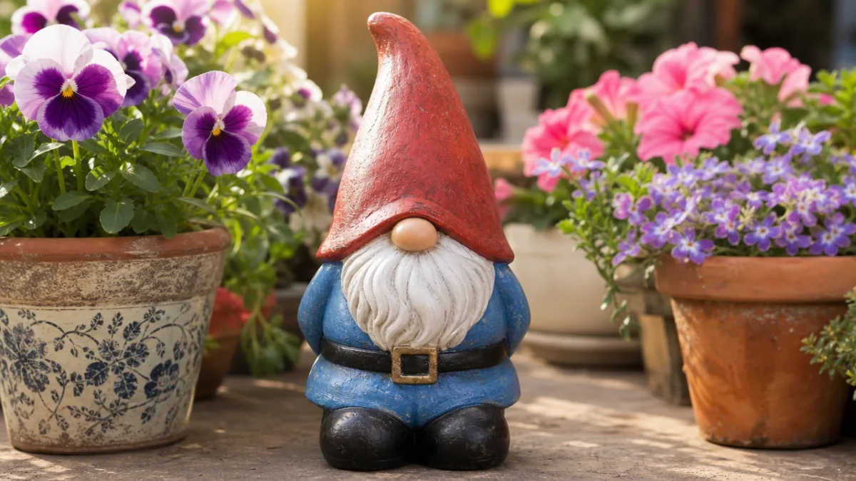 a close-up of a completed garden pot gnome with hat and beard,…