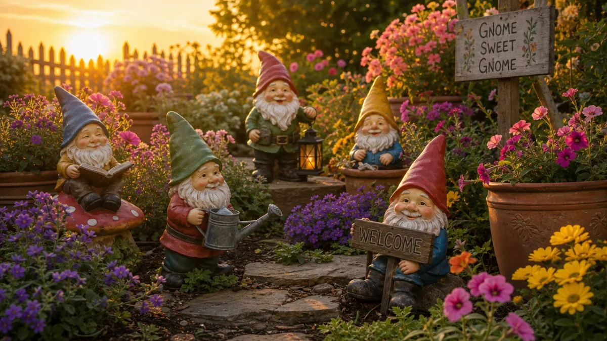 a garden scene with multiple pot gnomes arranged among colorful flowering plants,…