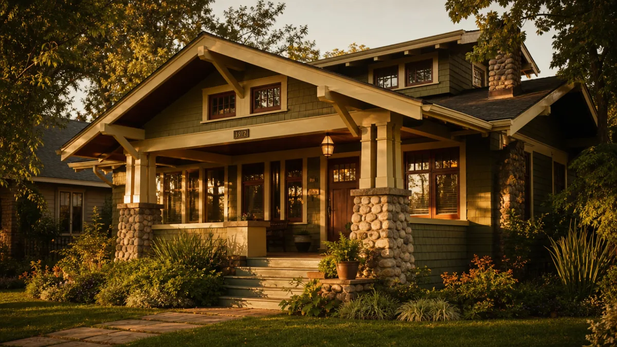 a historic Craftsman bungalow exterior with deep porch overhangs and stone columns,…