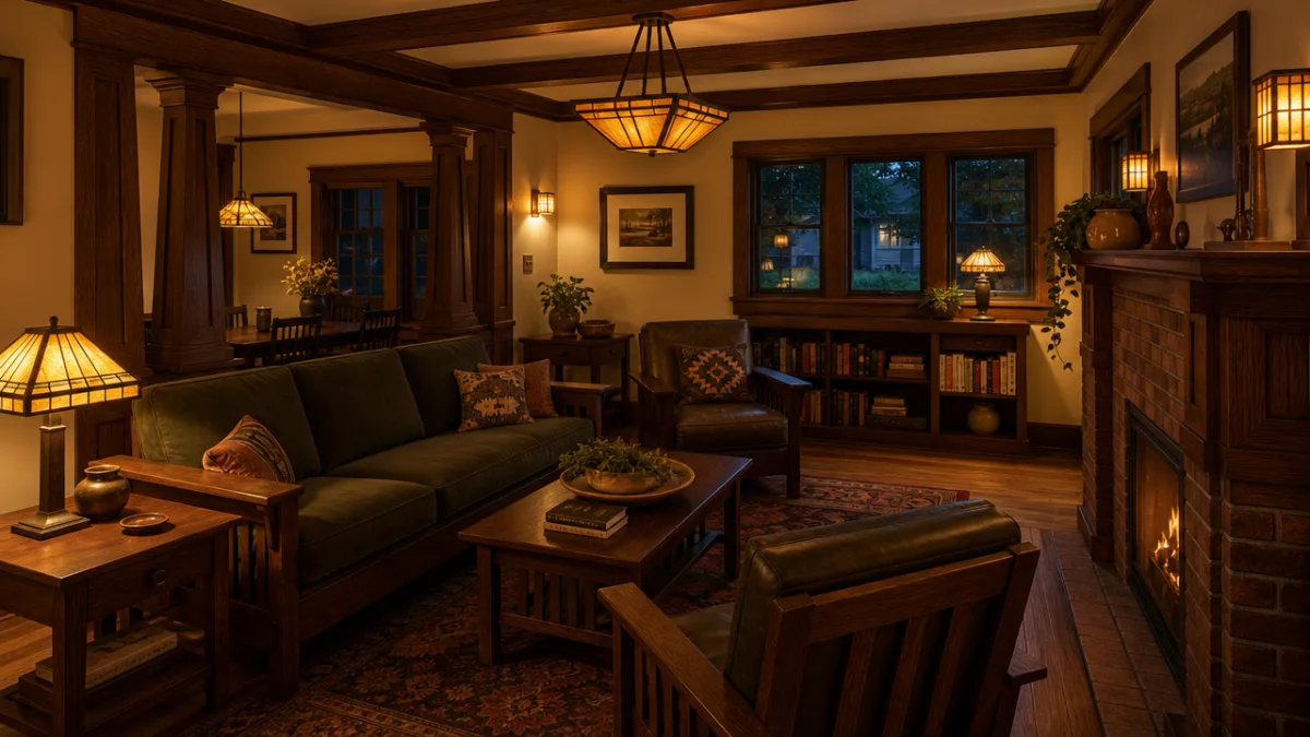 a cozy Craftsman bungalow living room interior with oak woodwork and warm…