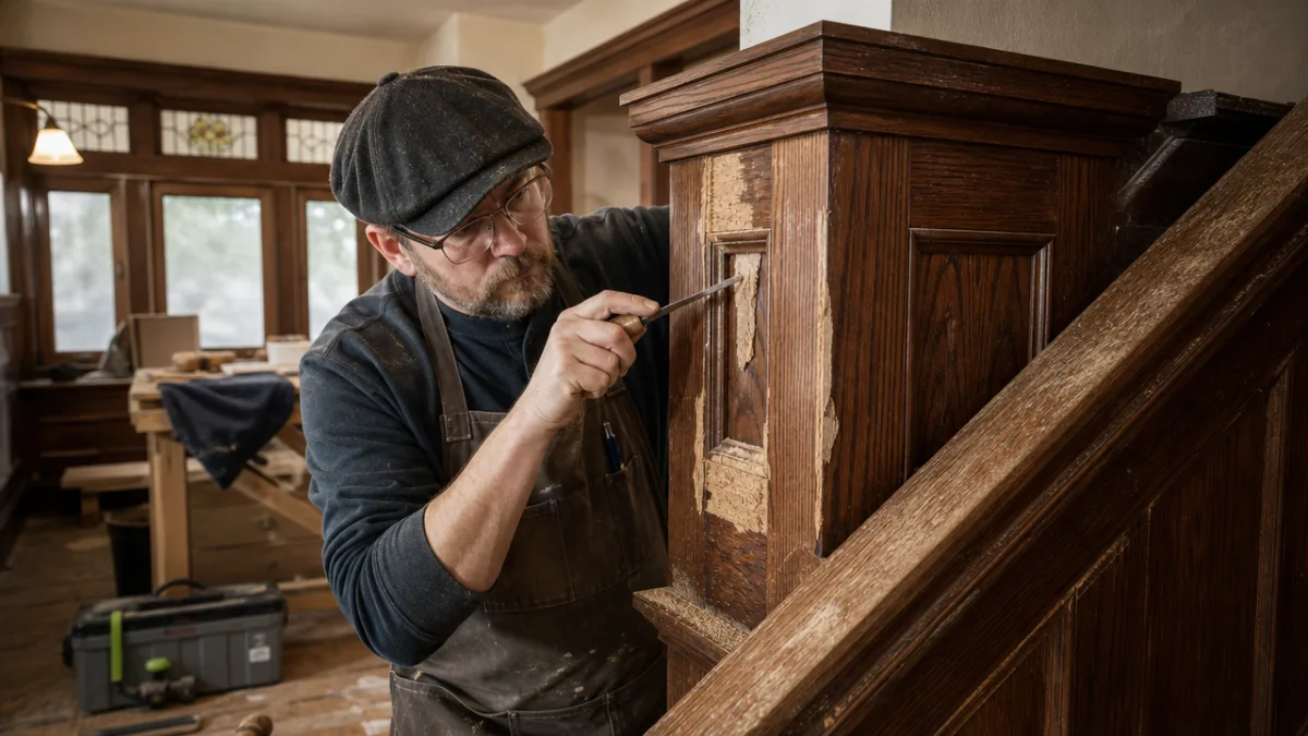 skilled craftsman restoring original oak woodwork in a historic bungalow interior, soft…