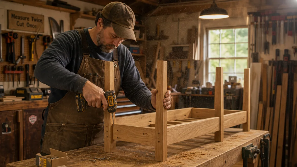 a craftsperson assembling a wooden bench frame in a home garage workshop,…
