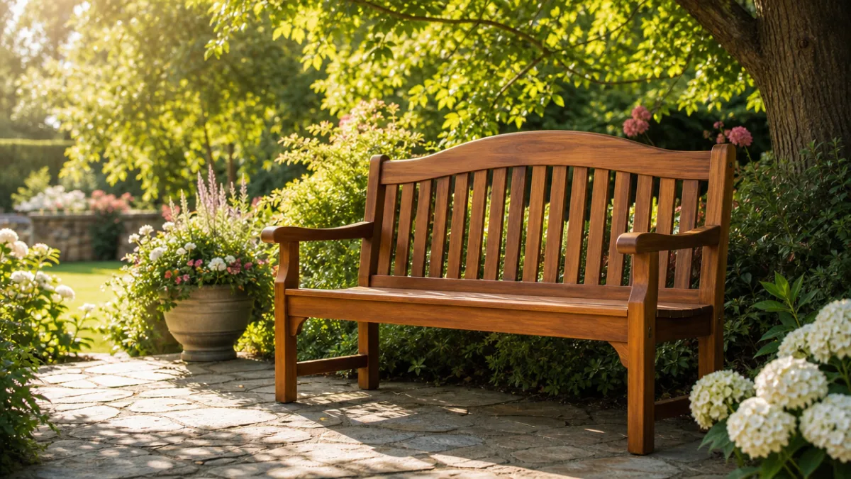 a beautifully finished wooden bench placed in a sunlit garden surrounded by…