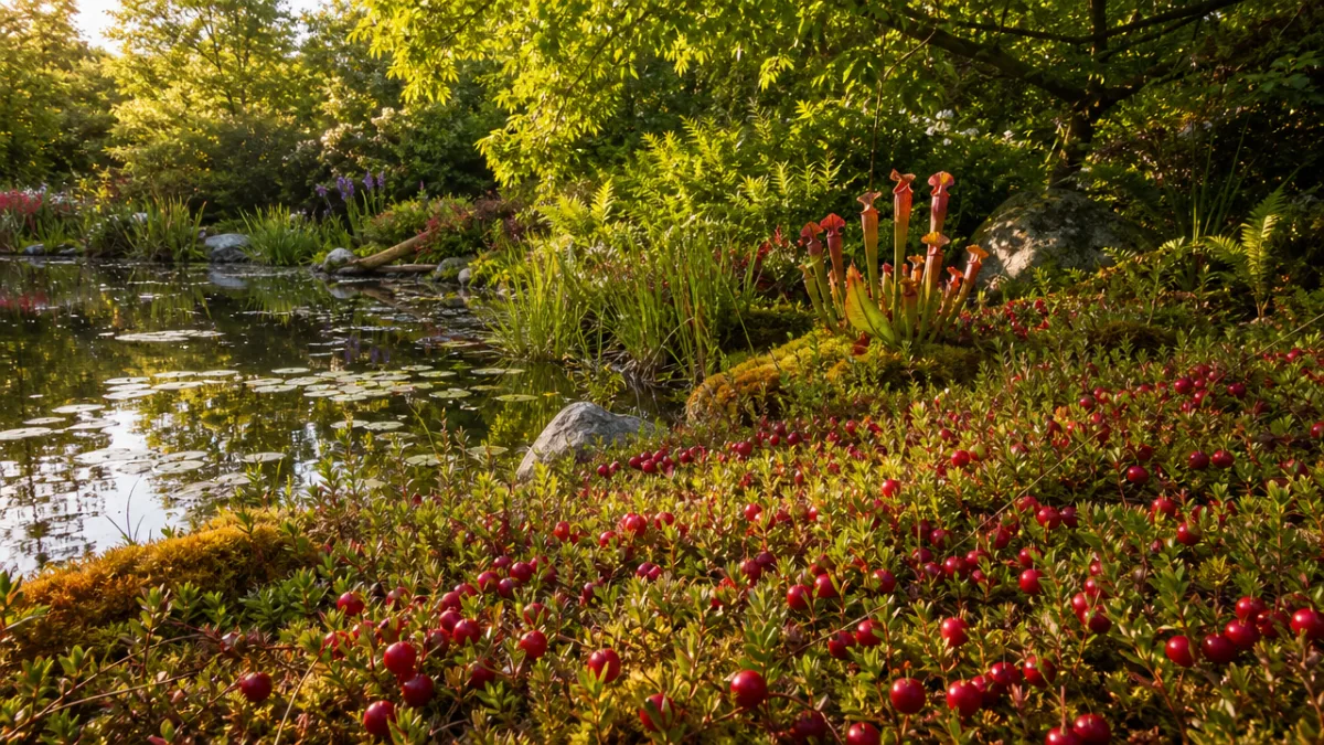 a lush bog garden beside a natural garden pond, warm afternoon light…