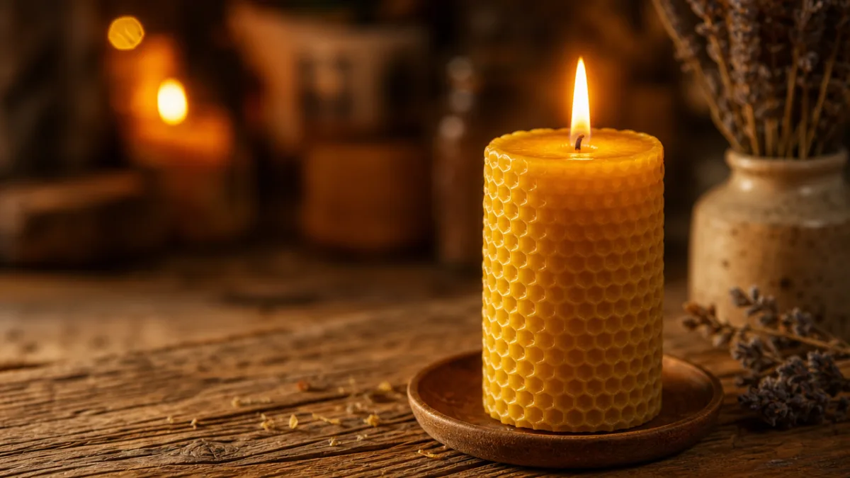 a golden beeswax candle burning on a rustic wooden table with warm…