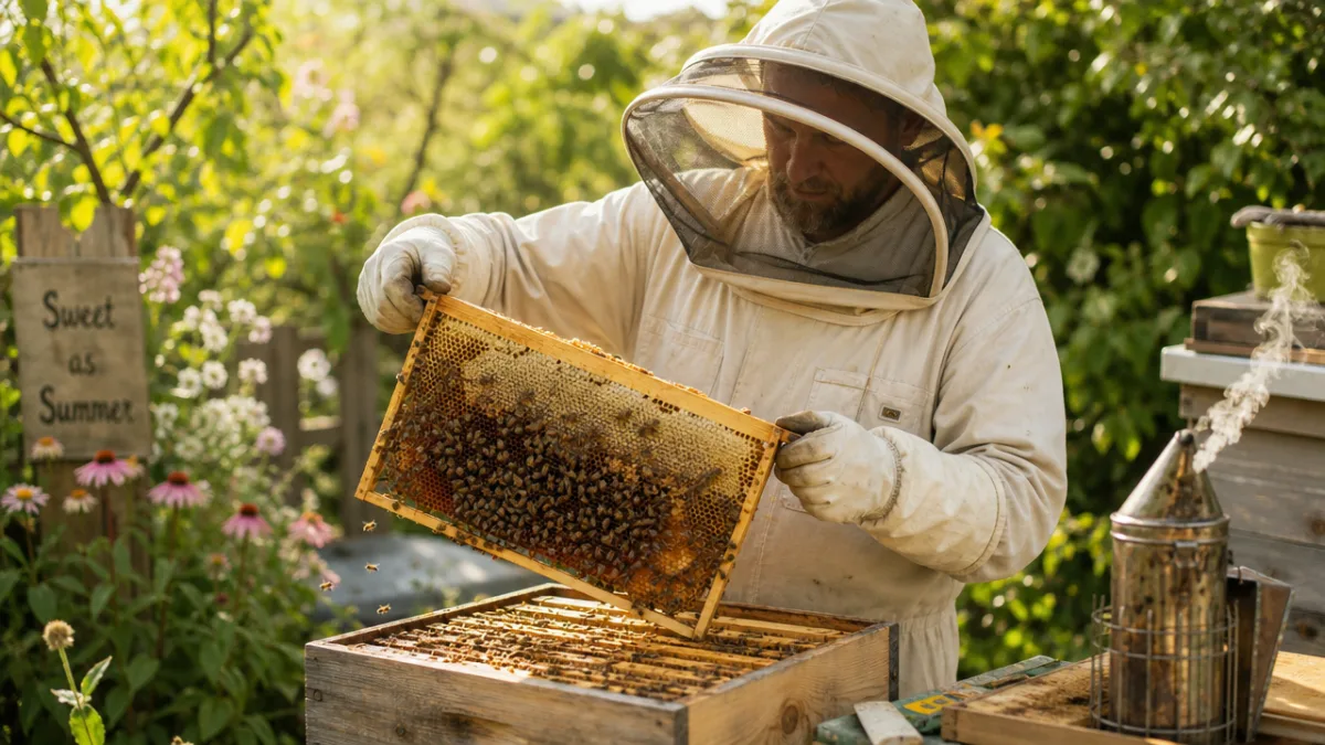 beekeeper harvesting honeycomb in a sun-dappled garden with soft natural light and…