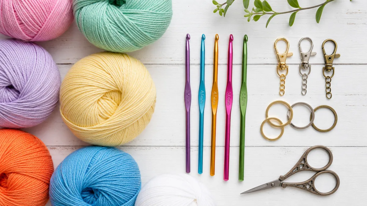 a flat lay of colorful cotton yarn, crochet hooks, keychain rings and…