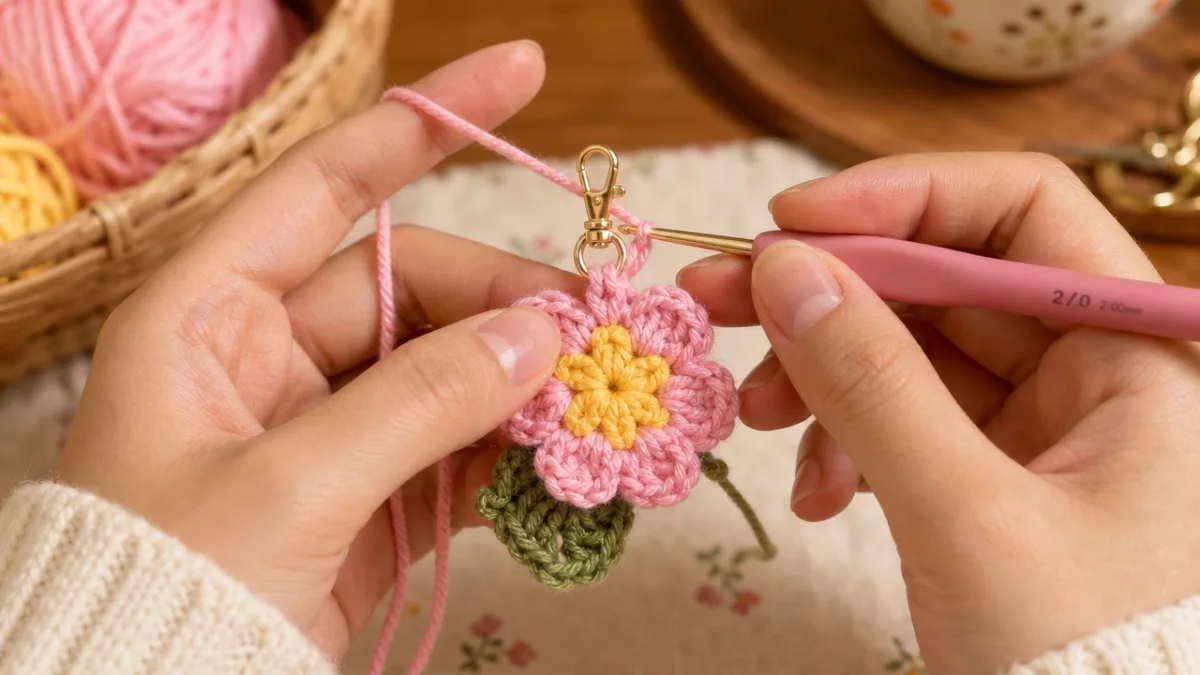 hands crocheting a small colorful floral keychain with pink and yellow yarn,…