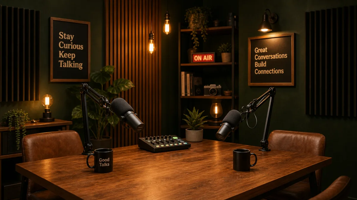a cozy podcast studio with dark green acoustic panels, warm Edison bulb…