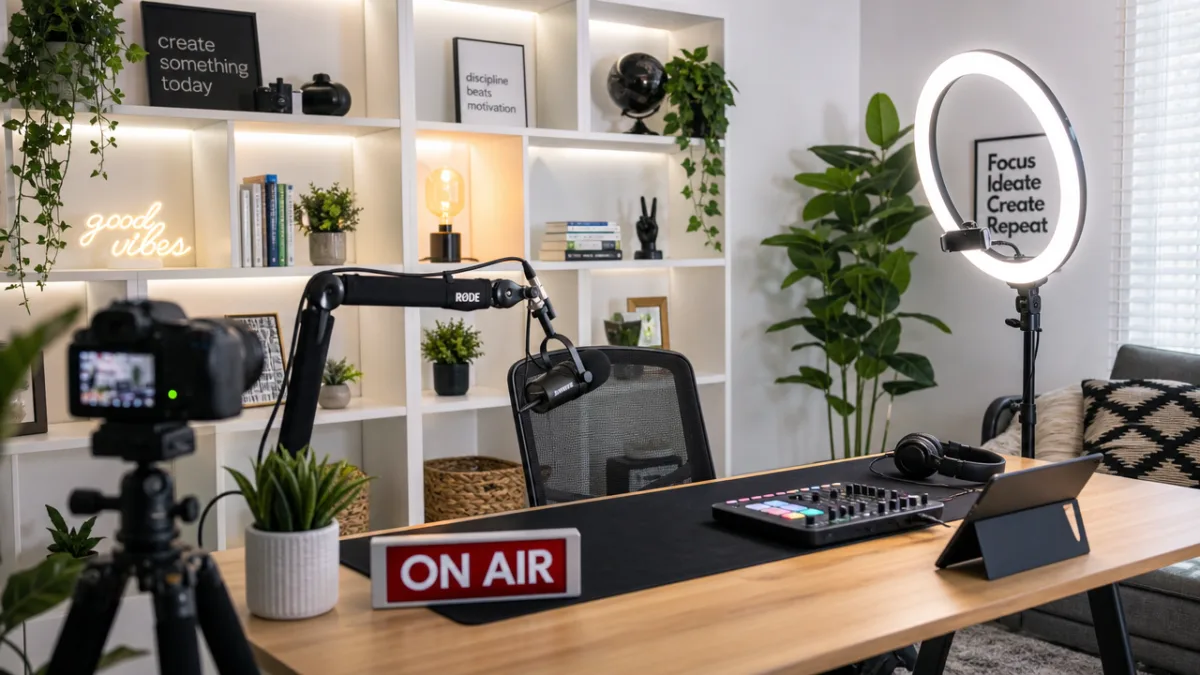 a bright home podcast studio with white shelving, plants, and a ring-lit…
