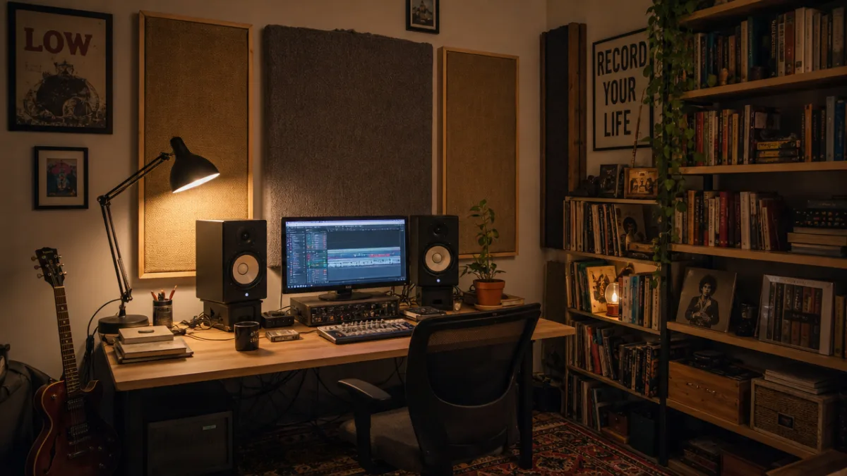 a budget home recording studio with DIY acoustic panels, a desk lamp,…