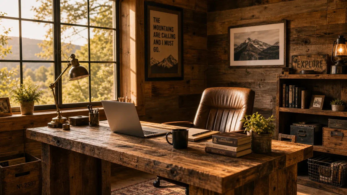 a warm rustic home office with reclaimed wood desk and walls, golden…