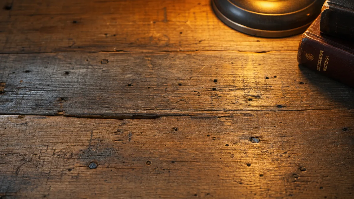 close-up of reclaimed wood desk surface with visible grain and nail holes,…