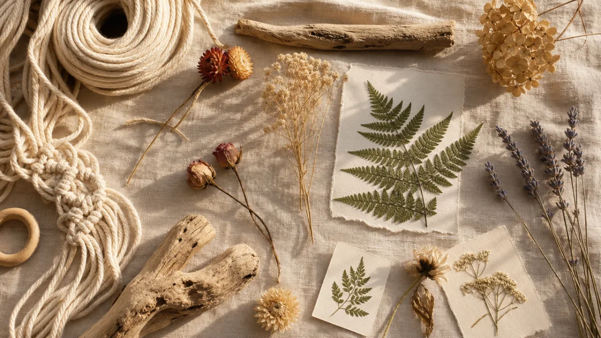 a flat lay of natural craft materials including dried flowers, pressed ferns,…