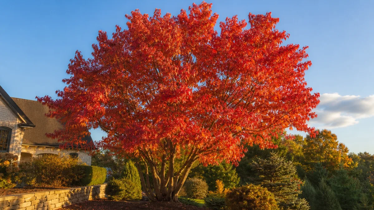 a mature sourwood tree in a residential garden in peak scarlet autumn…