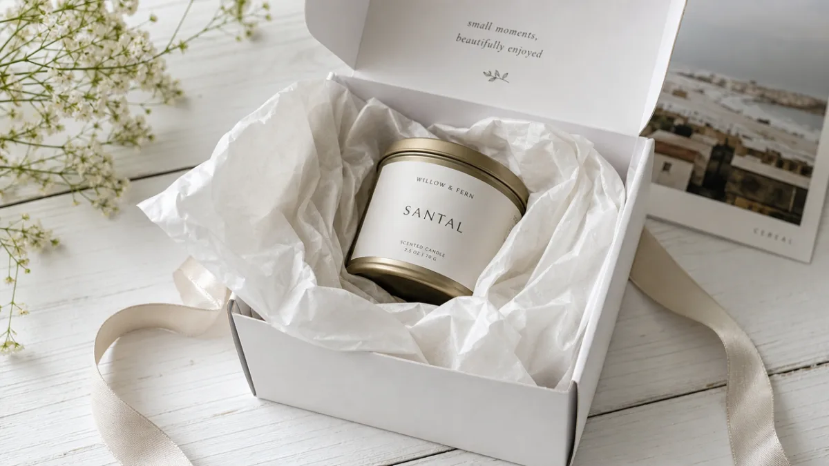 a travel candle wrapped in tissue paper inside an open gift box…