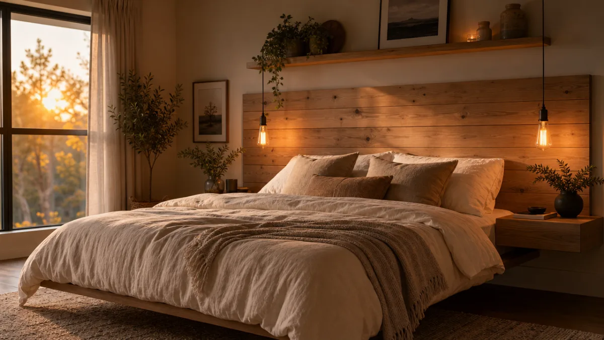 a cozy bedroom with a natural wood shiplap floating headboard, warm Edison…