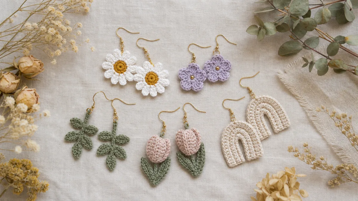 a styled flat lay of finished crochet earrings arranged on linen fabric…