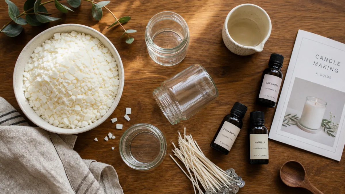a flat lay of candle making supplies including soy wax flakes, glass…